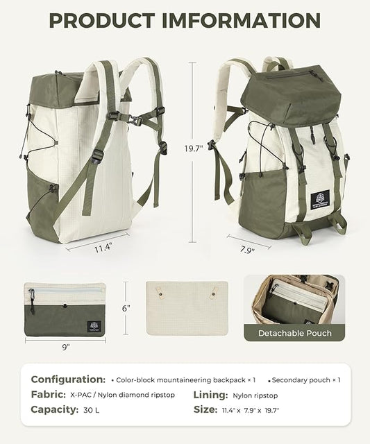 Hiking Backpack for Women Men Lightweight Camping Backpack with Rain Cover 30L Waterproof Hiking Daypack Bag with Hiking Pole Carrying System for Travel Trekking Mountaineering Large Capacity (Green)