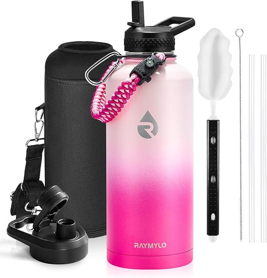 Insulated Water Bottle 87 oz, Triple Wall Vacuum Stainless Steel (Cold for 48 Hrs), Leak Proof & Non-BPA, Modern Water Flask Jug with Paracord Handle & Straw Spout Lids, Ombre Pink