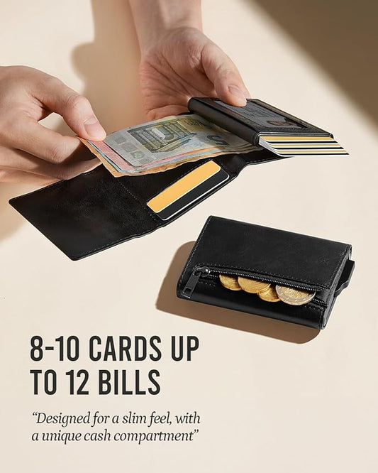 YESIIW Slim Wallet for Men - Premium Genuine Leather Wallet for Men - Pop up Card Holder Mens Walletfor 7-9 Card Capacity | ID Window | Cash Slot | Coin Pocket | RFID Blocking - Slim, Thin (Black)
