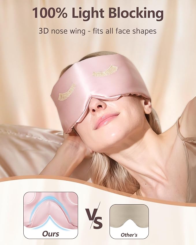 BeeVines Pure Silk 3D Sleep Mask for Women, Luxury 100% 22 Momme Mulberry Silk 3D Contoured Eye Mask for Lash Extensions, Zero Eye Pressure & Blackout Blindfold for Sleeping, with Adjustable Band