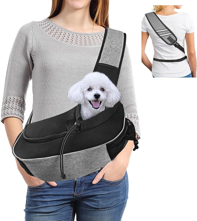Gloppie Dog Sling Carrier for Small Dogs - Hands Free Pet Carrier, Breathable Mesh Puppy Carrier Bag for Cats and Dogs Up to 10 lbs, Travel & Vet Visits, Grey, Medium