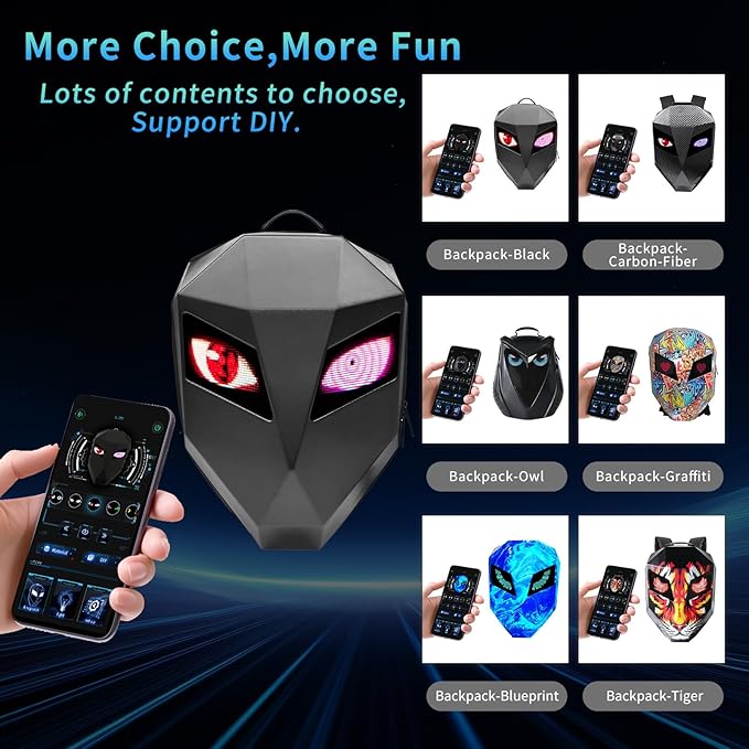 Motorcycle Backpack with LED Eyes, DIY Laptop Backpack for Riding, Cycling, Travel, Waterproof Hard Case Motorbike Bag, Large Size 19" Classic Black