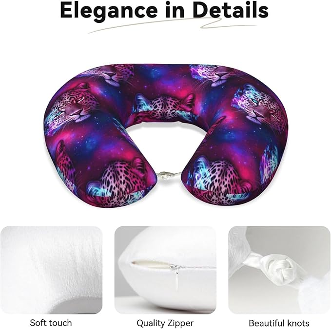Comfortable Memory Foam Travel Neck Pillow, Funny Chin/Head Cushion Supporting Airplane Car Pillows Purple Leopard for Sleeping Outdoors Travel Office