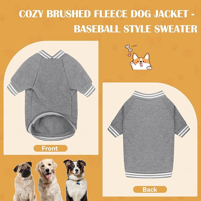Dog Sweater Brushed Fleece Pet Clothes Baseball Jacket Soft Warm Pet Sweater Dog Sweaters for Small/Medium Dogs Boy Girl(Gray-S/M)