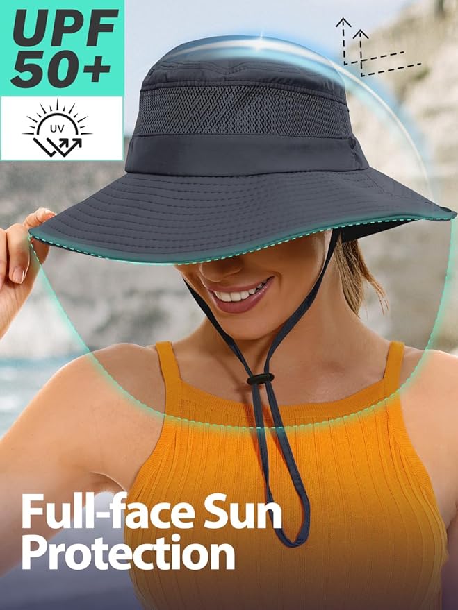 Sun Bucket Beach Hats for Women with Ponytail Hole,Sun Protection UV UPF50+ Waterproof Fishing Safari Hiking Hat