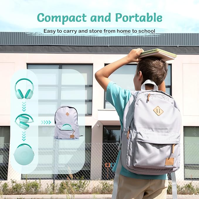 Kids Bluetooth Headphones with Active Noise Cancelling, Wireless Over-Ear Headphones for Boys Girls, Foldable, Adjustable, Safe Volume, 40H Playtime, Mic for School Travel (Mint Green)