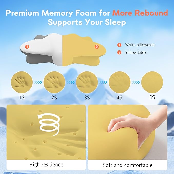 Dual-Height Cervical Neck Pillow for Pain Relief, Memory Foam Pillows with Cooling Tech -3D Ergonomic Support, Cooling Cover, for Side/Back/Stomach Sleeper Pillow, Minimalist Style - Gray,White