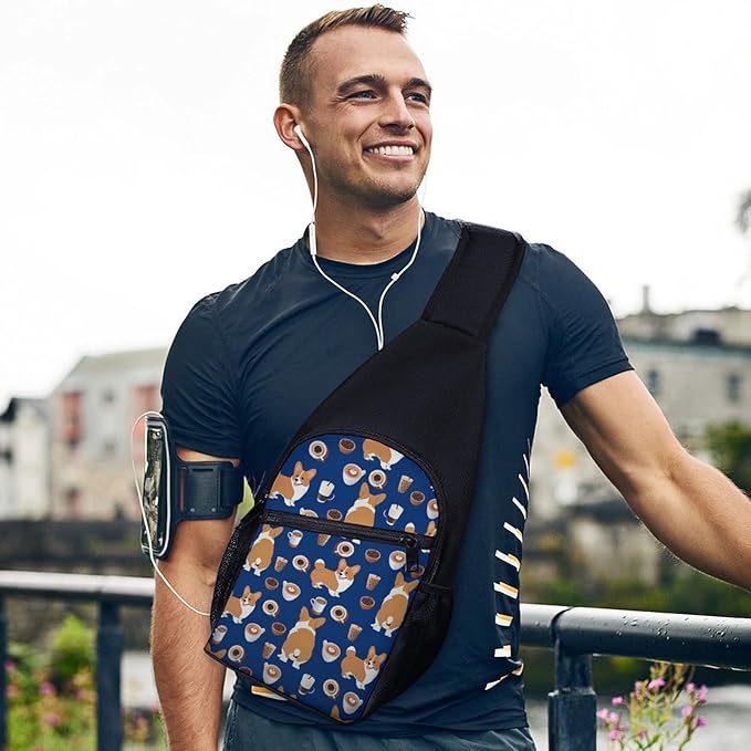 SWEET TANG Unisex Unique Chest Bag Gym Sack Fashion Sling Shoulder Backpack Outdoor Sports Daypack Shiba Inu Print Dog And Coffees, Multipurpose Adjustable Bag for Daily Use