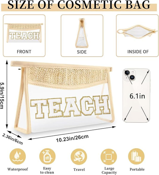 Teacher Appreciation Gifts Boho Straw Clear Makeup Bags, Zipper Cosmetic Bag Chenille Letter Patch Bag, Preppy Cute Beach Toiletry Pouch, Trendy Graduation Retirement Birthday Teacher Gifts for Women