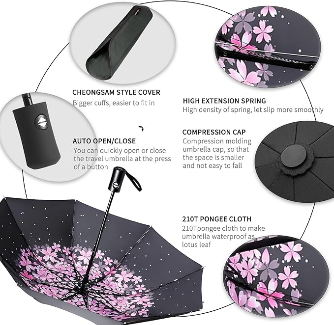 SIEPASA Compact Travel Umbrella - Windproof Auto Open/Close, Lightweight Folding Umbrella wIth Fiberglass Frame & Waterproof Canopy. Fits Backpack/Purse. (Pink Cherry Blossom)