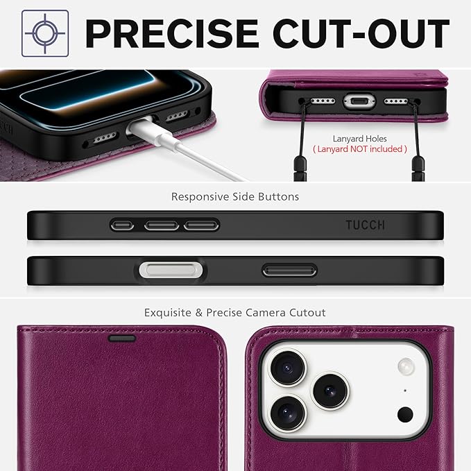 TUCCH Wallet Case for iPhone 17 Pro Max (6.9") 2025, RFID Blocking 4 Card Holders | Kickstand | Shockproof TPU Shell | PU Leather | Magnetic Closure | Protective Phone Cover | Plum Purple