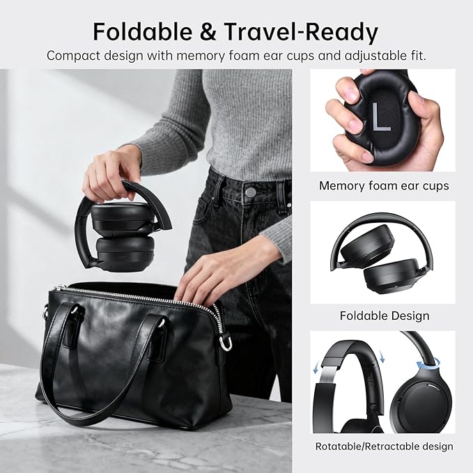 EKSA P300 Wireless Bluetooth Headphones, Active Noise Cancelling Over Ear Headset with ENC Mic,Transparency Mode, 100H Playtime, Hi-Res Audio, Deep Bass,BT 5.4 Headset for Music Office Travel