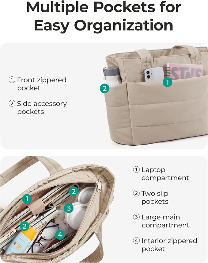 BAGSMART Tote Bag for Women, Lightweight Puffy Tote Bag with Compartments Shoulder Bag Handbag for Travel, Work, Gym