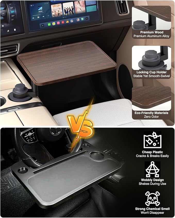AXVLU Car Desk for Laptop, Cup Holder Table with 360° Rotation - Wooden Car Laptop Mount, Car Table & Car Food Tray Compatible with Tesla Model Y/3/S & Most Vehicles