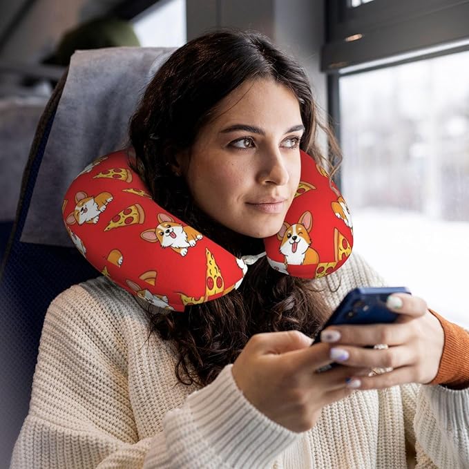 Neck Pillow Memory Foam Travel Pillows Comfortable for Airplane Flight Car Travel Office Nap and Sleeping, Funny Cushion for Head Shoulder Corgi Junk Food Cute Dogs Pizzas