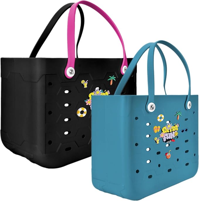 2-Piece Tote Bag Set, Waterproof Rubber Beach Bag with Summer Pattern, Medium & Large Handbag for Pool, Beach, Boat