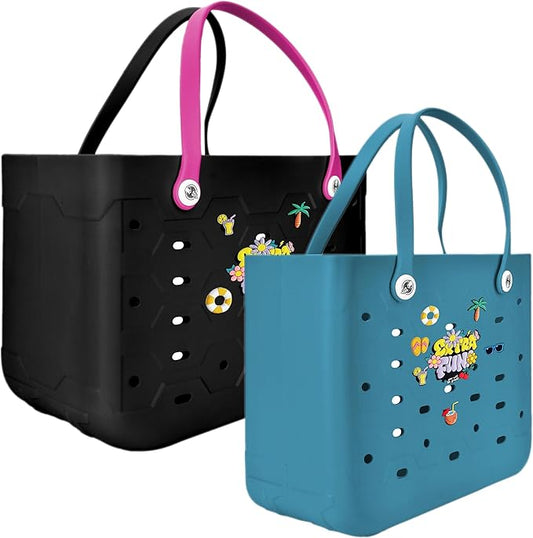 2-Piece Tote Bag Set, Waterproof Rubber Beach Bag with Summer Pattern, Medium & Large Handbag for Pool, Beach, Boat