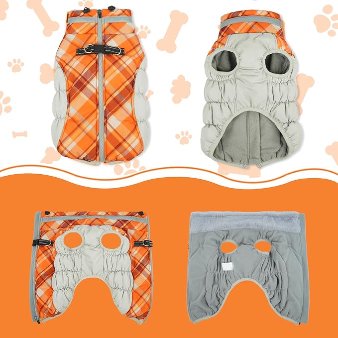 Lelepet Warm Dog Winter Coat Dog Coats for Small Dogs Waterproof Dogs Jacket with Harness Built in Reflective Cold Weather Coats Windproof Zip-Up Winter Fleece Vest Snowsuit Chihuahua Orange Plaid
