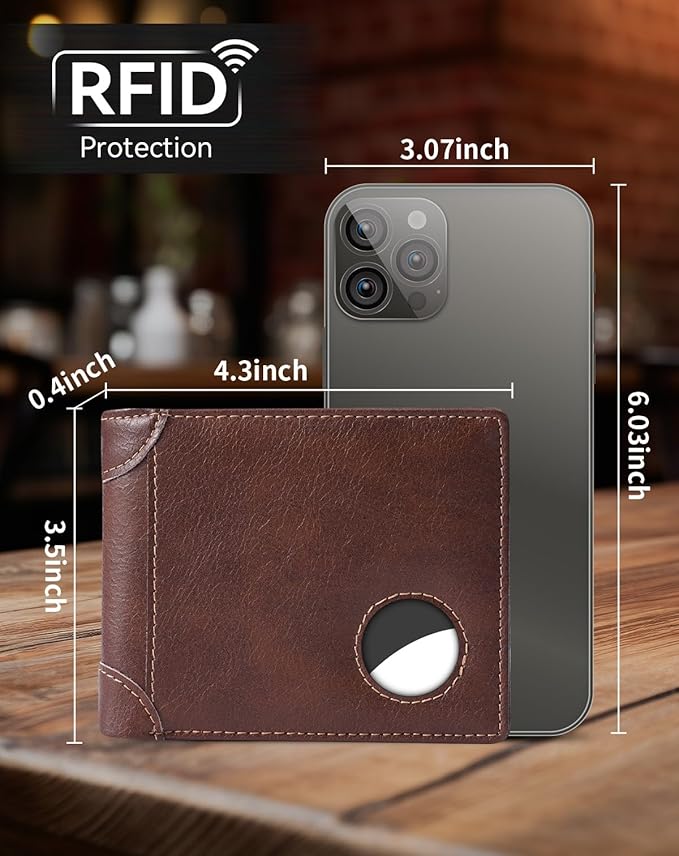 Swallowmall AirTag Wallet Mens RFID Blocking Genuine Leather Bifold Men's Wallet For air tag with 2 ID Window 10 Card Holders Removable Card Slot Taxes Brown(Airtag Not included)