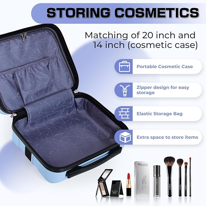 AnyZip Carry On Luggage 2PCS Luggage Set PC ABS Hardshell Lightweight Suitcase TSA Lock with 4 Spinner Wheels（14/20, Light Blue）