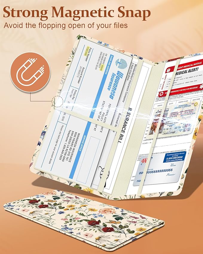 Slohif Car Registration and Insurance Card Holder with Magnetic Shut - Vehicle Glove Box Organizer Women Leather Automobile License Holders Coasters Auto Accessories Case for Document,Retro Flower