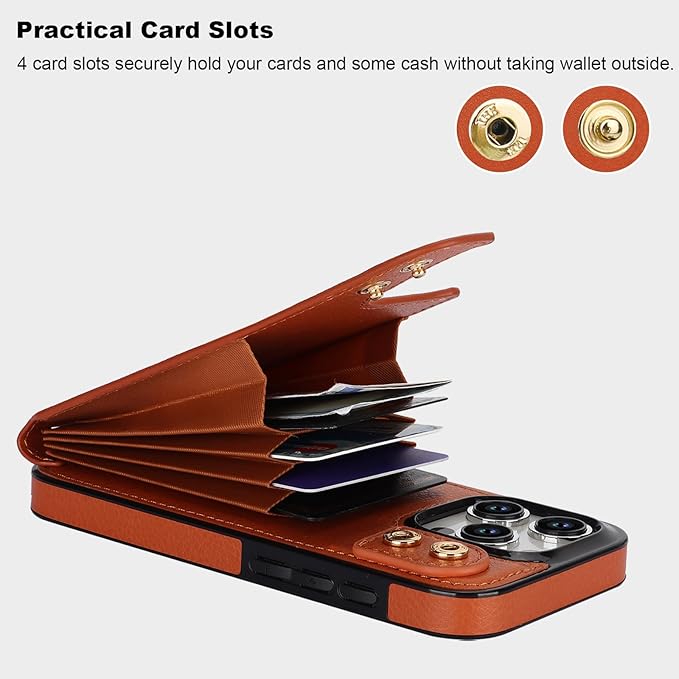 Folosu Compatible with iPhone 15 Pro Case Wallet with Card Holder, 360°Rotation Finger Ring Holder Kickstand, RFID Blocking Leather Protective Double Buttons Shockproof Cover 6.1 Inch Brown