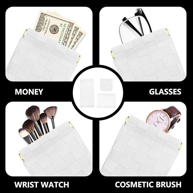 3PCS Small Makeup Bag for Women, Mini Cosmetic Bags Leather Pocket Pouch Purse,Snap Closure Waterproof Portable Bag,Checkered Storage Travel Bag for Lipstick Change Glasses Coin Cards (White)