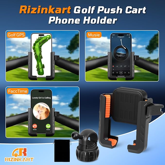 Golf Push Cart Phone Holder with Security Double Lock, Hands-Free 360° Rotatable Phone Mount Compatible with Clicgear, Sun Mountain, Caddy, Bag Boy,Golf Push Cart Accessories for Cell Phones