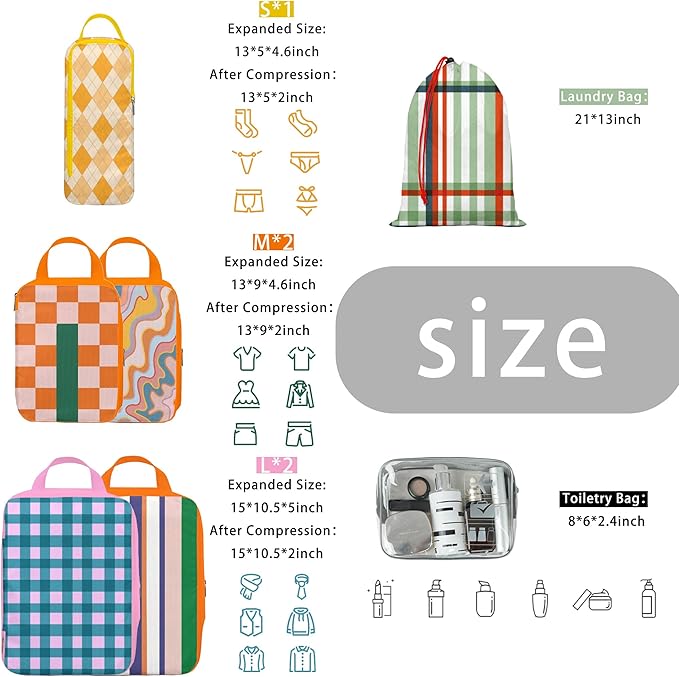 8 Pcs Compression Packing Cubes for Travel, Lightweight Waterproof Luggage Organizer Bags Set, Washable Packaging Cubes for Women Backpack Carry-On Suitcases