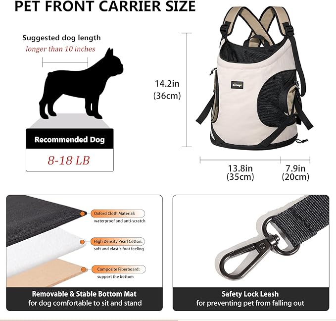 NATUYA Dog Front Carrier, Pet Carrier Front-Pack for Small Dog Puppy Cat, Travel Hiking Waterproof Lightweight Pet Bag, Padded Bottom Mat & Zip Pockets (Cream)