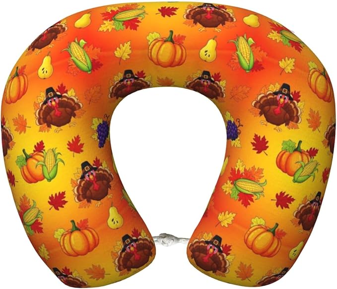 Neck Travel Pillow, Women Men Washable Airplane Car Pillows Thanksgiving Cute Turkey Pumpkin, Head Support Rest U Shaped Cushion Comfortable for Watching TV
