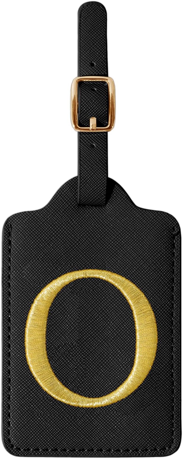Personalized Initial Luggage Tags for Suitcase TSA Approved, Black Leather Cute Luggage Tag with Privacy Cover Name Card, Embroidered Custom Luggage Tags Travel Backpack Tags Gifts for Women Kids(O)