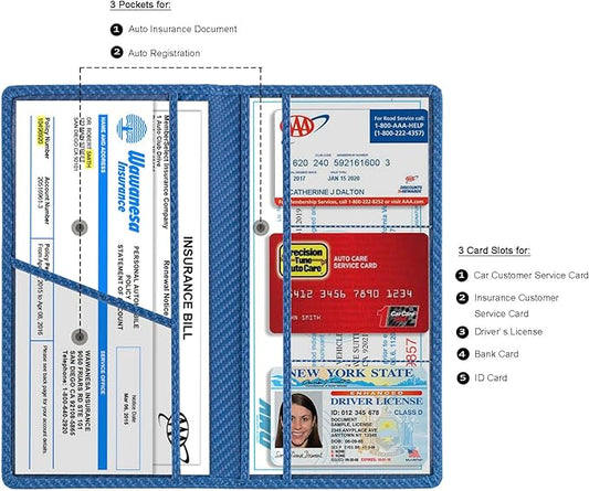 TOURSUIT Car Registration and Insurance Card Holder, Vehicle License Document Glove Box Compartment Organizer, Essential Car Wallet Case for Driver Auto Owners (Carbon Blue)