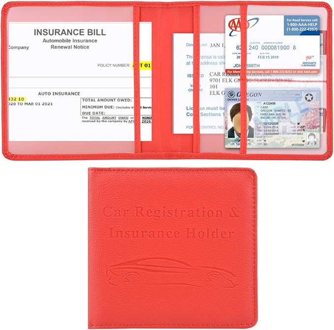 Cacturism Car Registration and Insurance Holder, Vehicle Glove Box Car Organizer Men Women Wallet Accessories Case for Cards, Essential Document, Driver License, Red