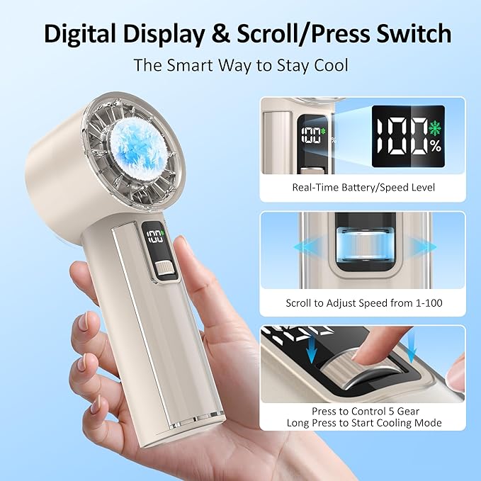 Portable Handheld Fan with Ice Cooler, 21H Max Cooling,9500RPM High Speed,100 Speeds, Small Pocket Turbo Design,Digital Display, Rechargeable Personal Handheld AC Fan for Travel Outdoor Office Commute