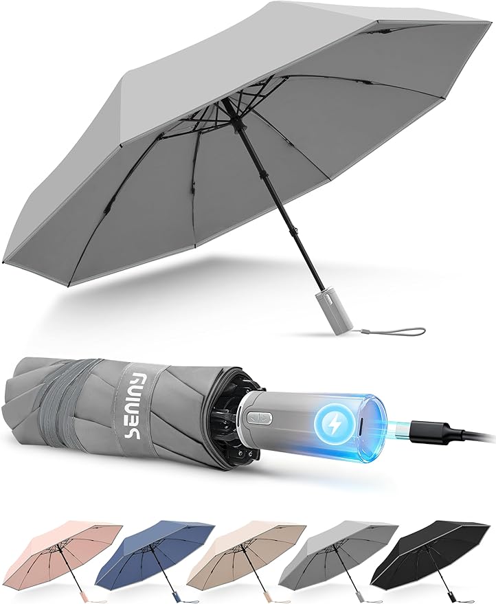 Seniny Electric Travel Umbrella with Intelligent Open Close, Rechargeable Umbrellas for Rain Windproof, Automatic Portable & Compact Umbrella with Reflective Stripe