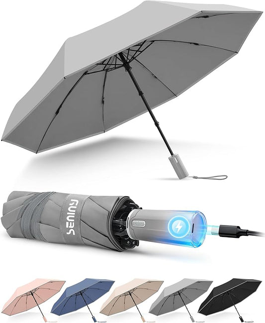 Seniny Electric Travel Umbrella with Intelligent Open Close, Rechargeable Umbrellas for Rain Windproof, Automatic Portable & Compact Umbrella with Reflective Stripe