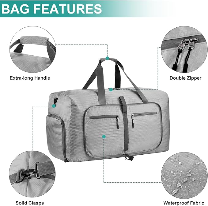 Dimayar Travel Duffle Bag for Men Women - Foldable Duffel Bag with Shoes Compartment - Overnight Bags Waterproof & Tear Resistant(40L,Space Gray)