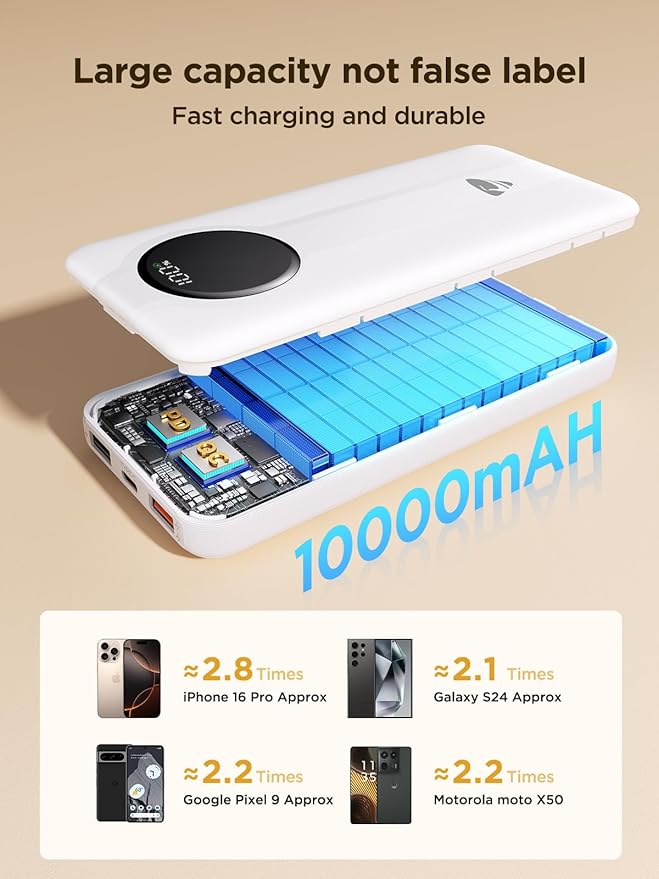 Aioneus Power Bank, 10000mAh Portable Charger with Built in Cables Fast Charging 22.5W USBC in/Out Travel PowerBank Battery Pack for iPhone 17 16 15 14 13 12 Samsung Galaxy S24 A15 Android Phone(1 Pk)