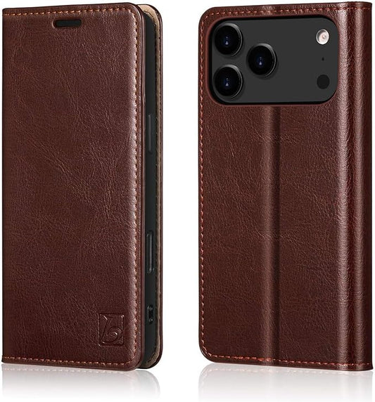 Belemay Leather Wallet Case Compatible with iPhone 17 Pro Max, Premium Cowhide Leather Two-Tone Effect, RFID Blocking Card Holders, Shockproof TPU Shell, Kickstand, Protective Flip Cover, 6.9", Brown