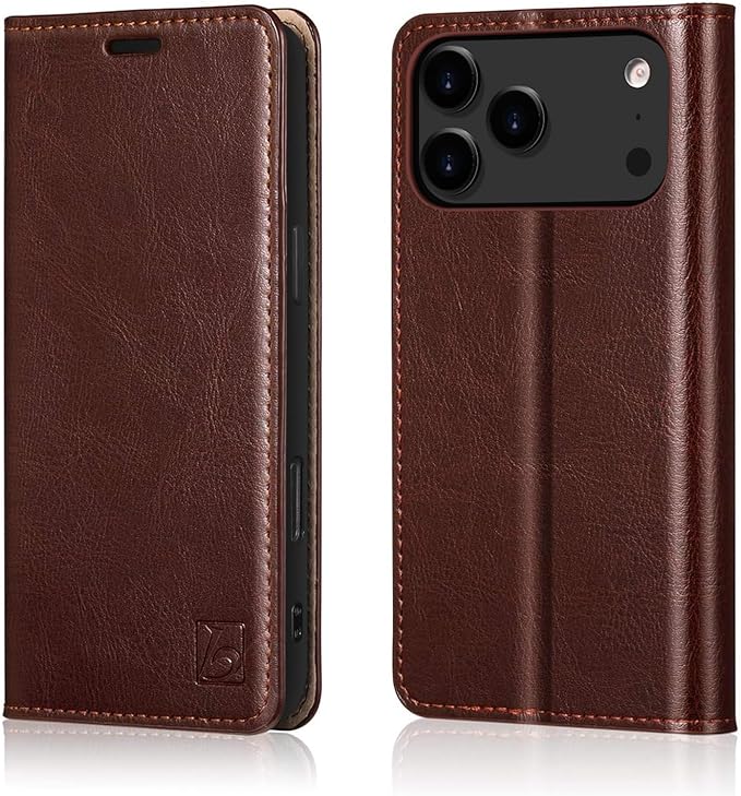 Belemay Leather Wallet Case Compatible with iPhone 17 Pro, Premium Cowhide Leather Two-Tone Effect, RFID Blocking Card Holders, Shockproof TPU Shell, Kickstand, Protective Flip Cover, 6.3", Brown
