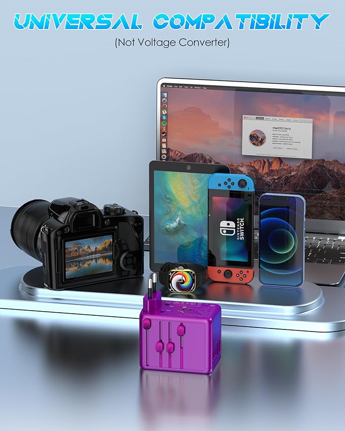 Universal Travel Adapter Offers 6.0A 3X 3.0A USB-C Ports, 2X 2.4A USB-A Ports and Multi AC Outlet, All-in-One International Power Plug Adapter Worldwide Travel Charger for EU USA UK AUS (Purple)