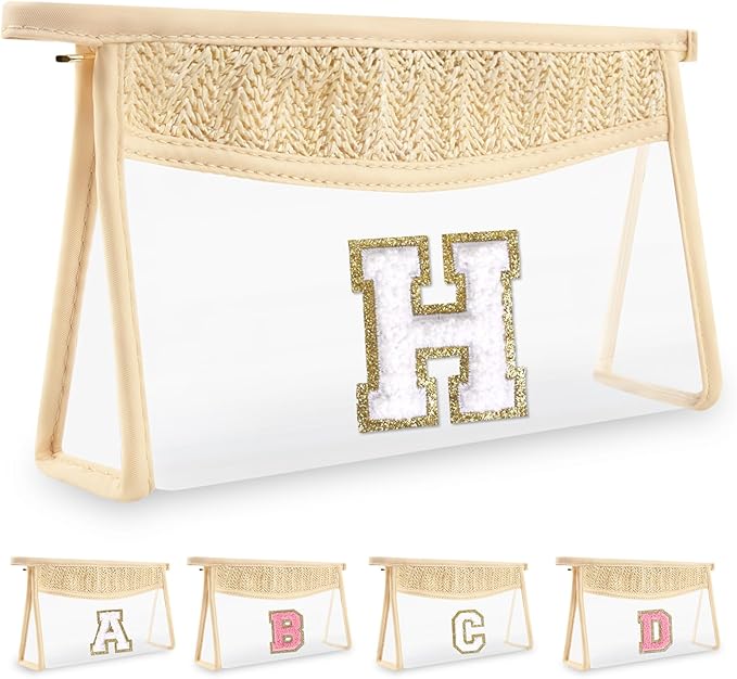 Personalized Initial Letter Bag Boho Straw Clear Makeup Bag,Small Cute Chenille Varsity Letter Pouch With Zipper,Beach Travel Toiletry,Portable Monogrammed Cosmetic Bag for Women Girls,H