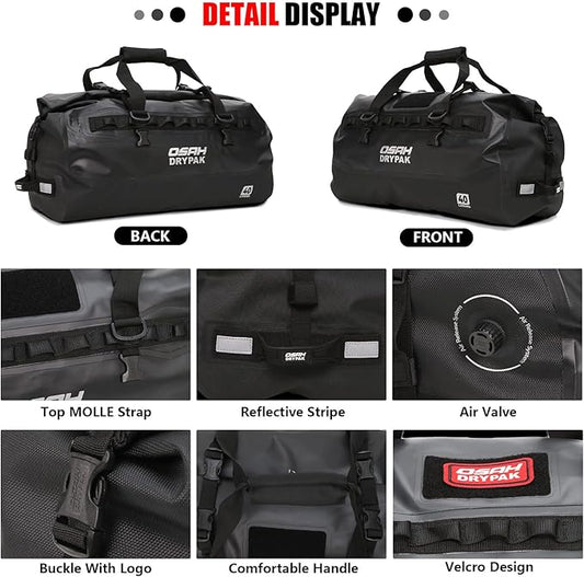 Waterproof Duffel Bag - Motorcycle Dry Bag 40L Tail Bag with Large Storage Space, Waterproof Duffle Bags with Outer Mesh Zipper Pocket for Camping, Kayaking, Fishing & Traveling-Black