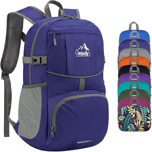 WATERFLY Hiking Packable Daypack Backpack: 25L Ultra Lightweight Day Pack for Woman Man - Small Compact Folding Back Pack for Outdoor Sport Cycling Camping Travel Trip - Dark blue