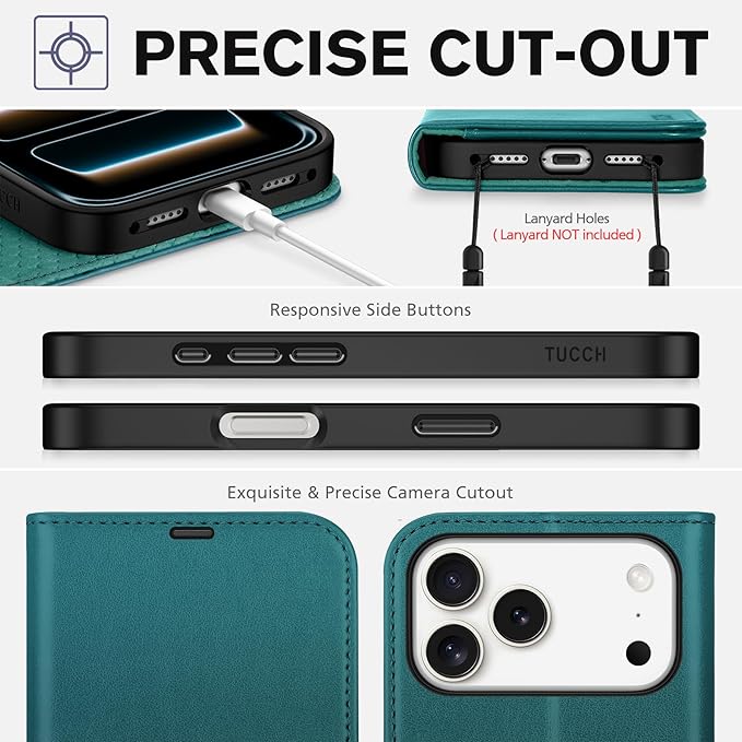 TUCCH Wallet Case for iPhone 17 Pro Max (6.9") 2025, 4 Card Holders | RFID Blocking | Stand | Shockproof TPU Shell | PU Leather | Magnetic Closure | Protective Flip Cover | Bluish Green