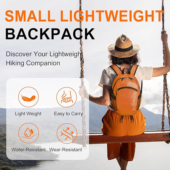 Small Hiking Backpack 15L Travel Lightweight Hiking Packable Daypack Water-Resistant Foldable Backpacks for Women Men Camping (Orange)