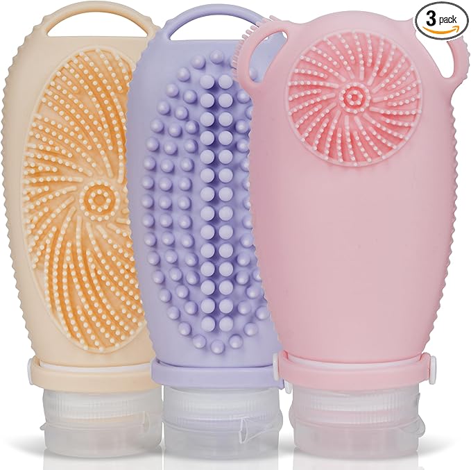Sumina Premium Silicone Travel Bottles 3-Pack (3.4oz) | TSA Approved Leakproof Toiletry Containers | Refillable Shower Bottles & Gentle Exfoliating Scrubber for Sensitive Skin