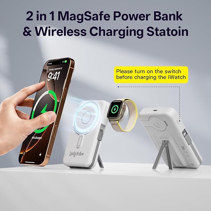 Magnetic Portable Charger Built-in Cables,10000mAh Fast Charging Wireless Charger Station External Battery Pack Slim Pocket Size Power Bank with Stand Compatible with iWatch, iPhone and Android Phones