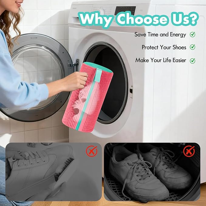 Shoe Washing Machine Bag, Laundry Shoe Bag for Washer and Dryer, Reusable Microfiber Shoe Cleaning Bag with Durable Zipper for Tennis Shoes, Sneakers, Running Shoes, Pink and Green, 1 Piece